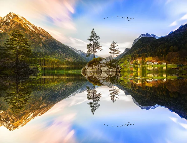 Fantástico Amanecer Otoño Del Lago Hintersee Hermosa Escena Árboles Una — Foto de Stock