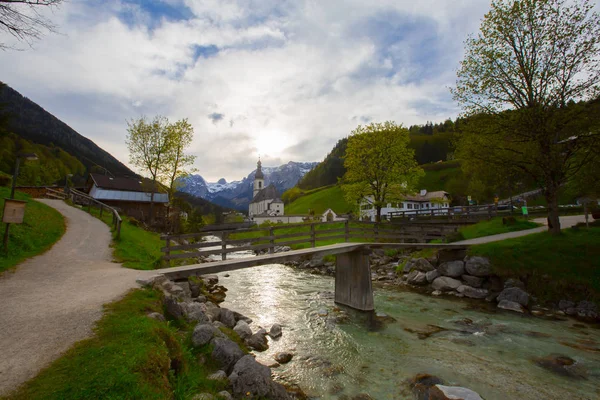 Maravilhosa Paisagem Dos Alpes Bávaros Com Igreja Paroquial São Sebastião — Fotografia de Stock