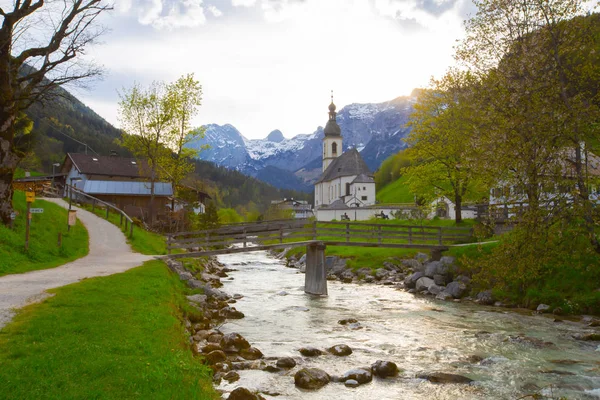 Sebastian Parish Kilisesi Ile Harika Bavyera Alpleri Manzara Ramsau Berchtesgaden — Stok fotoğraf