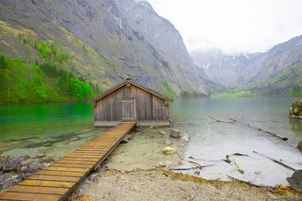 Idilli Kilátás Hagyományos Öreg Fából Készült Csónak Ház Festői Obersee — Stock Fotó