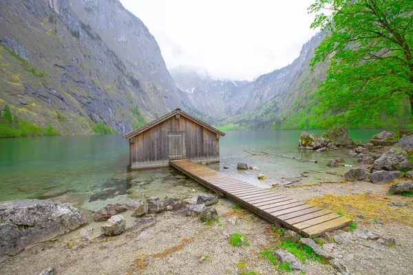 Idilli Kilátás Hagyományos Öreg Fából Készült Csónak Ház Festői Obersee — Stock Fotó