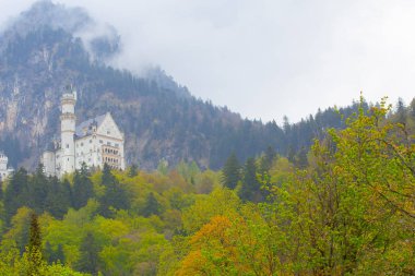 Dünyaca ünlü Neuschwanstein Kalesi 'nin güzel manzarası, 19. yüzyıl Romanesk Diriliş Sarayı Kral II. Ludwig için Almanya' nın güneybatı Bavyera, Fussen yakınlarındaki engebeli bir uçuruma inşa edildi.