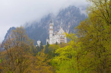 Dünyaca ünlü Neuschwanstein Kalesi 'nin güzel manzarası, 19. yüzyıl Romanesk Diriliş Sarayı Kral II. Ludwig için Almanya' nın güneybatı Bavyera, Fussen yakınlarındaki engebeli bir uçuruma inşa edildi.