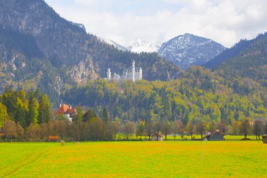 Dünyaca ünlü Neuschwanstein Kalesi 'nin güzel manzarası, 19. yüzyıl Romanesk Diriliş Sarayı Kral II. Ludwig için Almanya' nın güneybatı Bavyera, Fussen yakınlarındaki engebeli bir uçuruma inşa edildi.