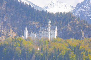 Dünyaca ünlü Neuschwanstein Kalesi 'nin güzel manzarası, 19. yüzyıl Romanesk Diriliş Sarayı Kral II. Ludwig için Almanya' nın güneybatı Bavyera, Fussen yakınlarındaki engebeli bir uçuruma inşa edildi.