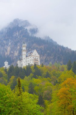 Dünyaca ünlü Neuschwanstein Kalesi 'nin güzel manzarası, 19. yüzyıl Romanesk Diriliş Sarayı Kral II. Ludwig için Almanya' nın güneybatı Bavyera, Fussen yakınlarındaki engebeli bir uçuruma inşa edildi.