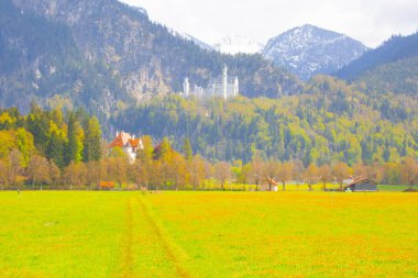 Dünyaca ünlü Neuschwanstein Kalesi 'nin güzel manzarası, 19. yüzyıl Romanesk Diriliş Sarayı Kral II. Ludwig için Almanya' nın güneybatı Bavyera, Fussen yakınlarındaki engebeli bir uçuruma inşa edildi.