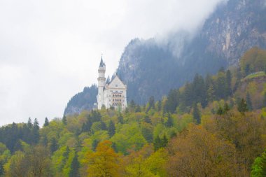 Dünyaca ünlü Neuschwanstein Kalesi 'nin güzel manzarası, 19. yüzyıl Romanesk Diriliş Sarayı Kral II. Ludwig için Almanya' nın güneybatı Bavyera, Fussen yakınlarındaki engebeli bir uçuruma inşa edildi.