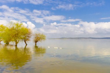 Güzel bir gün batımı manzarası Uluabat gölü ve Golyazi Köyü, Ulubat Gölü, Bursa Türkiye 'den gelen bazı balıkçı tekneleri...