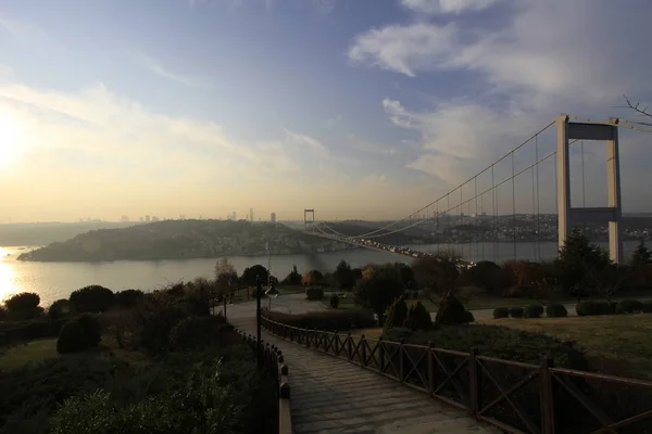 Panoramic View Otagtepe Bosphorus Sunset Hdr Applied Turkish Flag Fatih — Stock Photo, Image