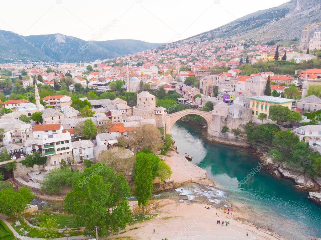 Aerial view of Mostar Bridge, Bosnia and Herzegovina