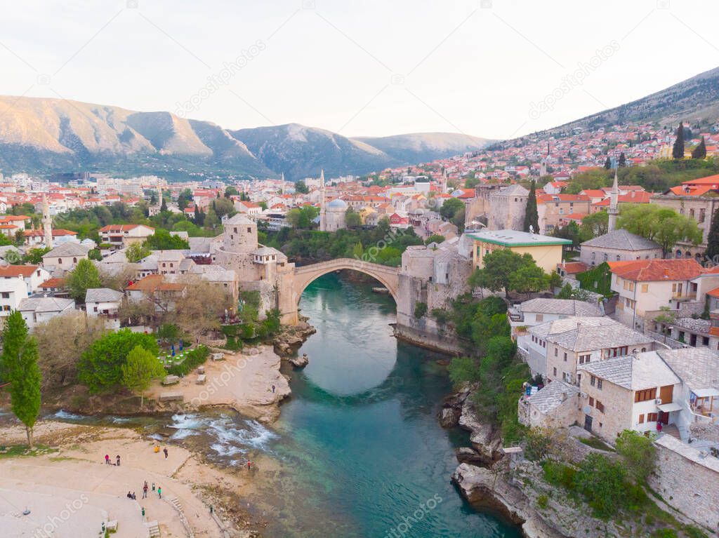 Aerial view of Mostar Bridge, Bosnia and Herzegovina