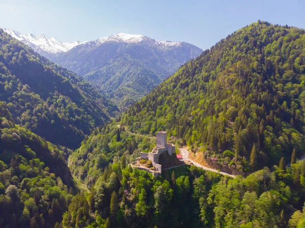 Drone footage of Zilkale castle in Rize. Arial, forest.