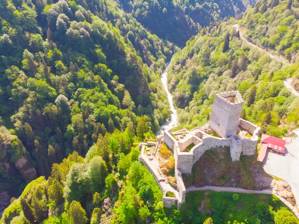 Drone footage of Zilkale castle in Rize. Arial, forest.