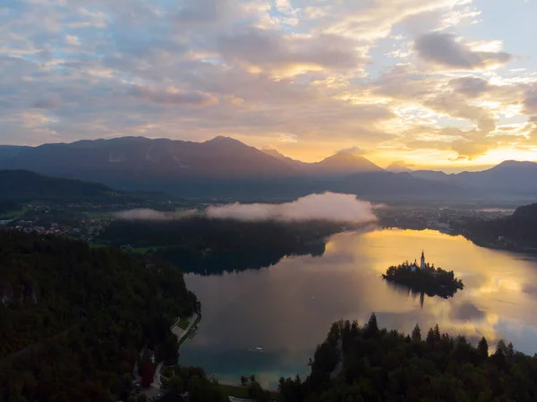 Bled Slovenya Yukarıdan Bled Blejsko Gölü Nün Gökyüzü Panoramik Görünümü — Stok fotoğraf