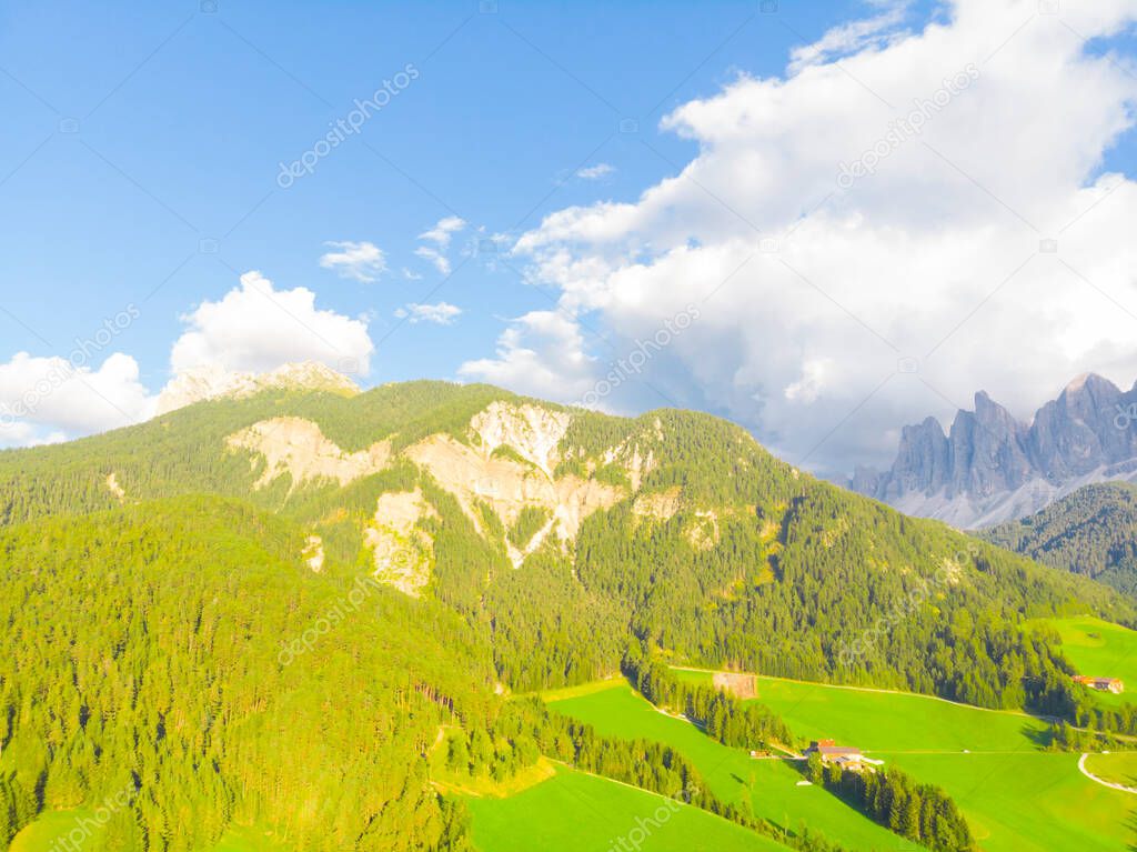 Santa Maddalena (Santa Magdalena) village with magical Dolomites mountains in background, Val di Funes valley, Trentino Alto Adige region, South Tyrol, Italy, Europe. Santa Maddalena Village, Italy