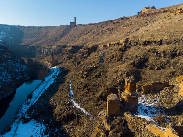 Ani Ruins Winter Σεζόν Καθεδρικός Ναός Πόλη Αεροφωτογραφία — Φωτογραφία Αρχείου