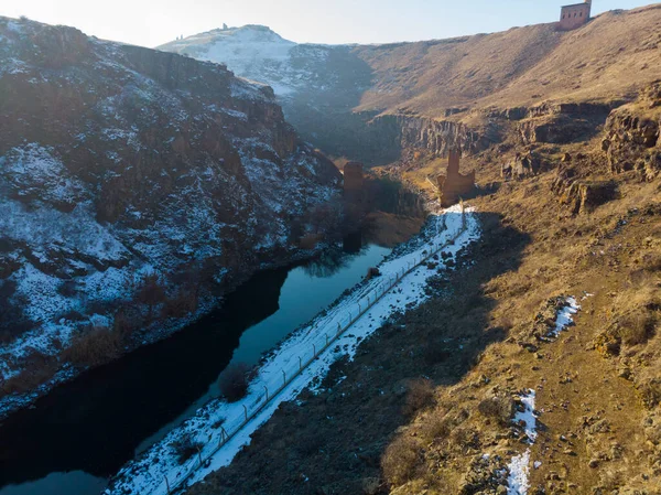 Ani Ruins Winter Σεζόν Καθεδρικός Ναός Πόλη Αεροφωτογραφία — Φωτογραφία Αρχείου