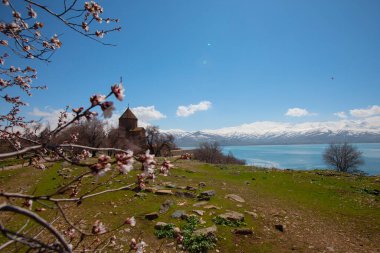 Akdamar Adası 'ndaki Ermeni Kutsal Haç Katedrali. Hindi. Bulutlu, dekorasyon.