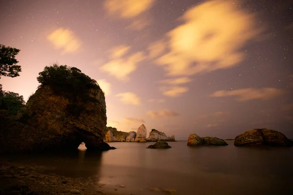 Técnica Larga Exposición Playa Estambul Agva Zona Acampada Nocturna Lejos — Foto de Stock