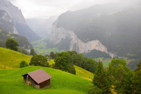 Famous Lauterbrunnen Valley Gorgeous Waterfall Swiss Alps Background Berner Oberland — Stock Photo, Image