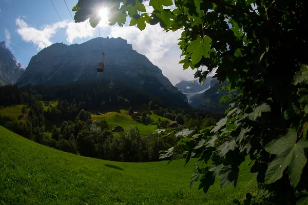 Wunderschöne Schweizer Berglandschaft Holzchalets Auf Grünen Wiesen Und Hohe Berge — Stockfoto