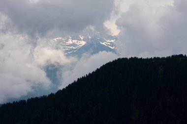 Karadeniz / Türkiye 'de Badara Platosu Rize Camlihemsin. Bulutların ve doğanın manzarası, yeşil ağaç ormanı. Mavi gökyüzü ve bulutlar. Kış manzarası. Karlı dağlar.