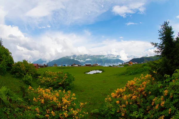 バダラ高原黒海 トルコのカリヘムシンを形成します 雲や自然 緑の木の森の風景 青空と雲 冬の風景 雪の山 — ストック写真