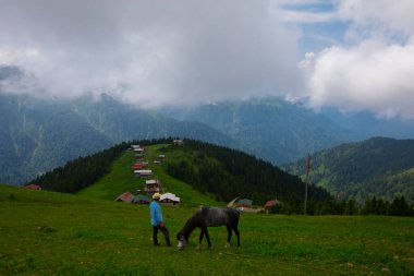 Türkiye 'nin Pokut Masa Diyarı bölgesindeki tepedeki kır evleri mavi gökyüzü ve bulutlu.