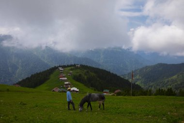 Türkiye 'nin Pokut Masa Diyarı bölgesindeki tepedeki kır evleri mavi gökyüzü ve bulutlu.