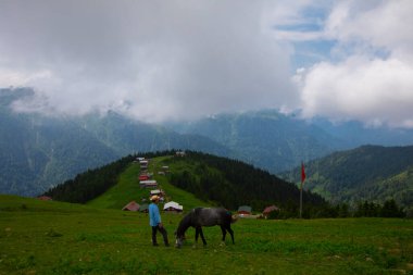 Türkiye 'nin Pokut Masa Diyarı bölgesindeki tepedeki kır evleri mavi gökyüzü ve bulutlu.