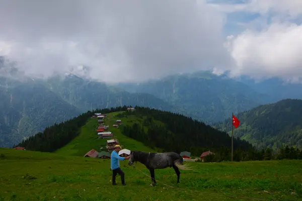 Türkiye Nin Pokut Masa Diyarı Bölgesindeki Tepedeki Kır Evleri Mavi — Stok fotoğraf