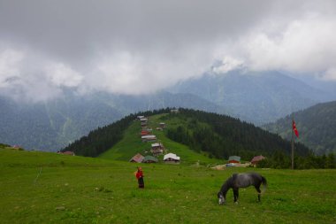 Türkiye 'nin Pokut Masa Diyarı bölgesindeki tepedeki kır evleri mavi gökyüzü ve bulutlu.