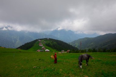 Türkiye 'nin Pokut Masa Diyarı bölgesindeki tepedeki kır evleri mavi gökyüzü ve bulutlu.