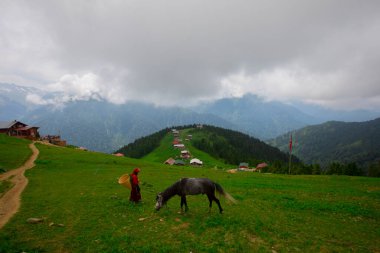 Türkiye 'nin Pokut Masa Diyarı bölgesindeki tepedeki kır evleri mavi gökyüzü ve bulutlu.