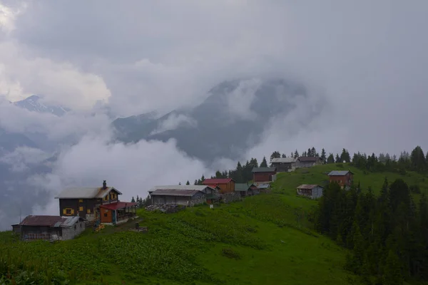 Maisons Traditionnelles Bois Sur Les Hauts Plateaux Photo Paysage Été — Photo