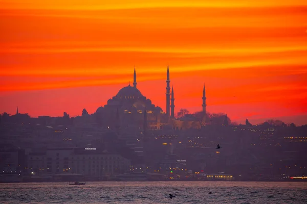 Mosk Ferger Sjø Bro Piketårn Den Vakreste Utsikt Istanbul Solnedgang – stockfoto