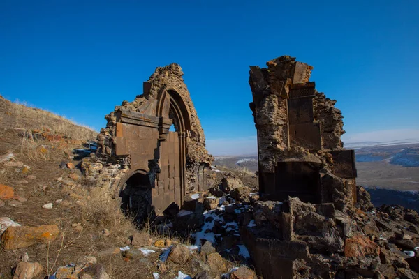 Ani Ruins, Ani is a ruined city-site situated in the Turkish province of Kars. Medieval, blue.