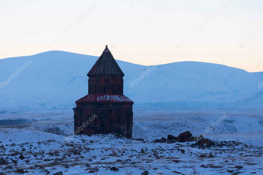 Sudden ruins and armenian border, perfect sunset