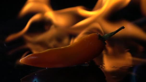 Slow Motion Elden Brinnande Het Chili Svart Bakgrund — Stockvideo