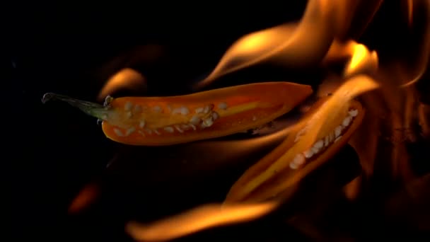 Ağır Çekim Sıcak Biber Siyah Arka Plan Üzerine Yanan Ateş — Stok video