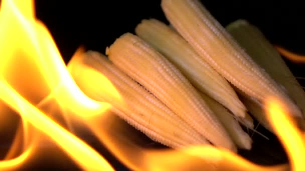 Slow Motion Fire Burning Baby Corn — Stock Video