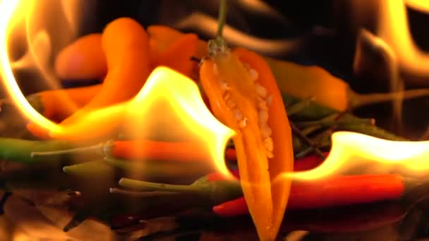 Zeitlupe Des Feuers Brennende Heiße Chili Auf Schwarzem Hintergrund — Stockvideo