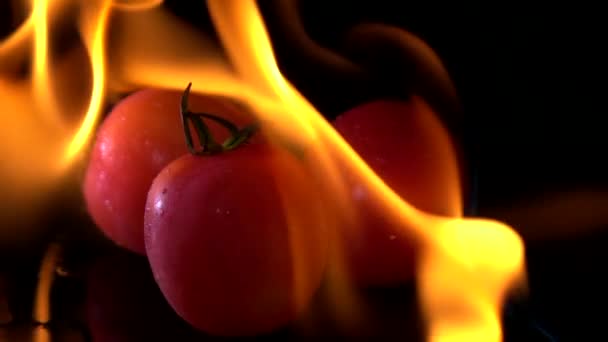 Slow Motion Fire Burning Tomato Black Background — Stock Video