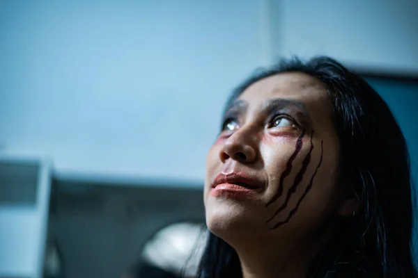 Wanita Makeup Wajah Hantu Dalam Festival Halloween — Stok Foto