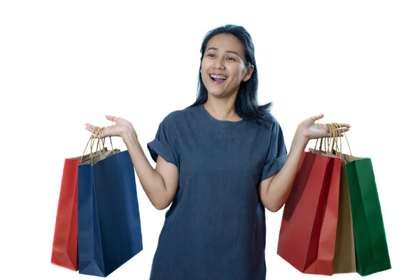 亚洲妇女购物理念的白色背景 — 图库照片