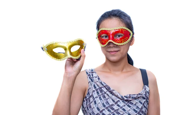 Vackra Kvinnor Fancy Mask Vit Bakgrund — Stockfoto