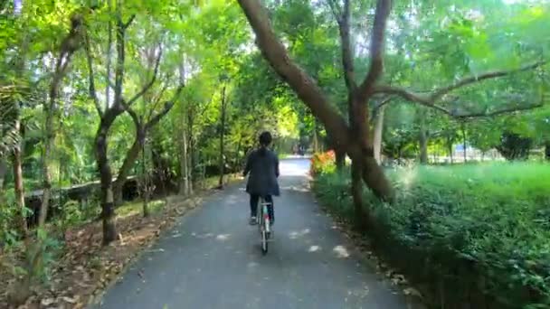 美丽的女人高兴与骑自行车慢动作在公园里 — 图库视频影像