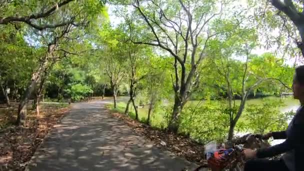 Schöne Frauen Glücklich Mit Fahrrad Zeitlupe Park — Stockvideo