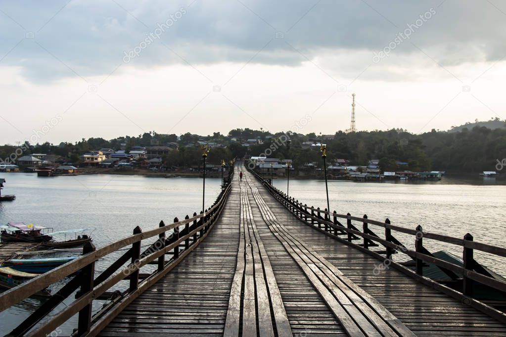 Landscape of mon wooden bridge in Sangkhlaburi Kanchanaburi Thailand
